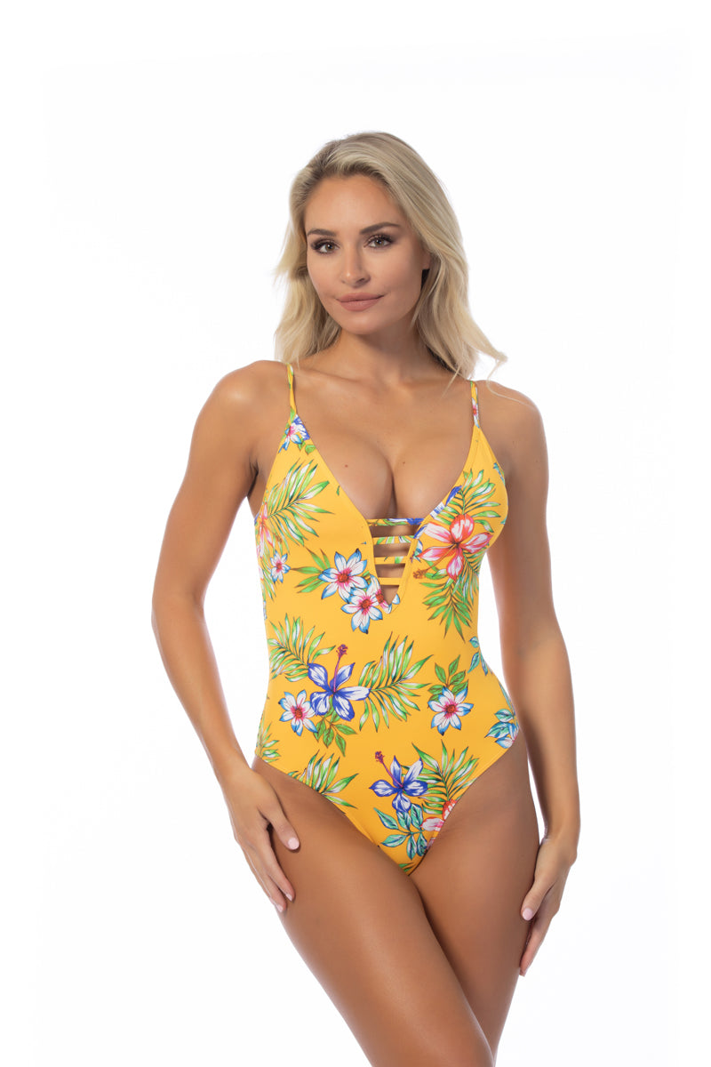 Yellow island floral print one-piece swimsuit with a plunging neckline and lace-up back detail.
