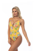 Yellow Island Print One Piece Swimsuit with Plunge Neckline