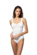 A solid white textured one-piece swimsuit featuring a center knot detail and wide adjustable straps.