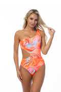 Wave printed one-shoulder one-piece swimsuit with side waist cutout