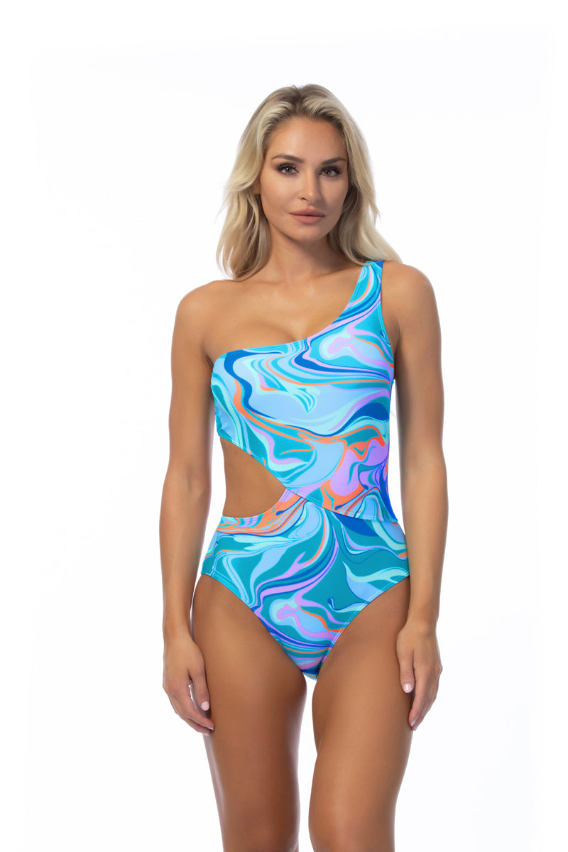 Wave Printed One-Shoulder One-Piece Swimsuit with Side Cutout