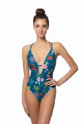 Romantic teal floral one-piece swimsuit featuring V-neckline and intricate stitching trim.