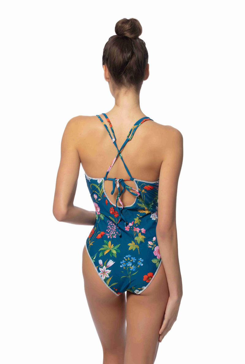 Teal Floral V-Front One Piece Swimsuit with Stitching Details
