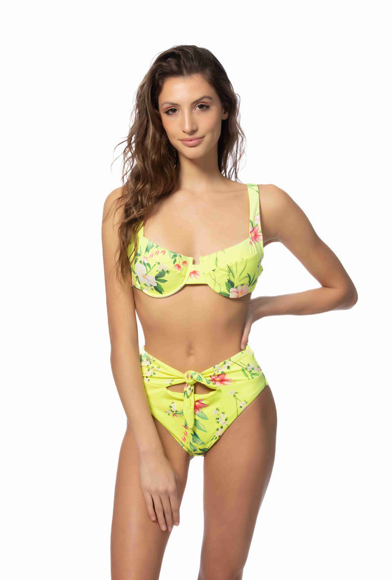 Floral print underwire bikini set with a cutout-tie high waist bottom.