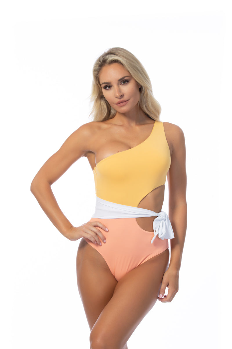 One shoulder one piece swimsuit with color blocking, cutout bodice, and waist tie
