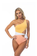 One shoulder one piece swimsuit with color blocking, cutout bodice, and waist tie