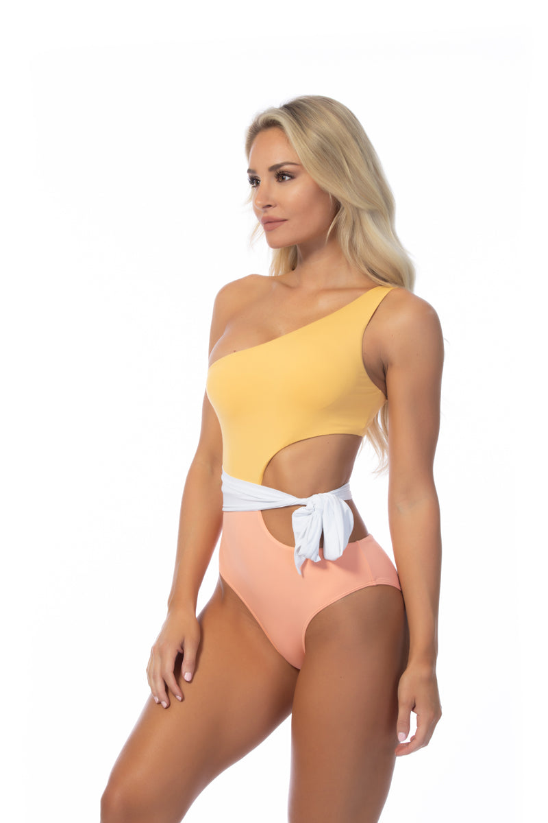 Color Blocking One Shoulder Cutout One Piece Swimsuit
