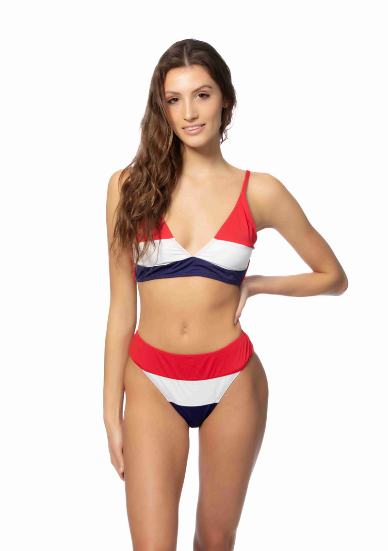 Color Blocking Halter Bikini Set with High Waist Bottom