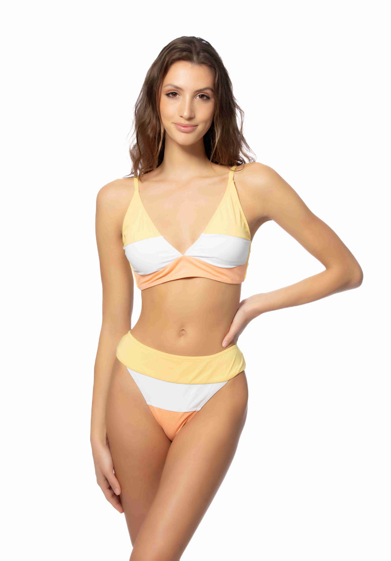 Color-blocked halter bikini set with high-waisted bottoms