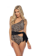 Leopard print color block one-shoulder one-piece swimsuit with waist tie