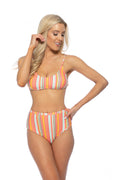 Colorful striped high-waist bikini set in pink, orange, yellow, and mint-green.