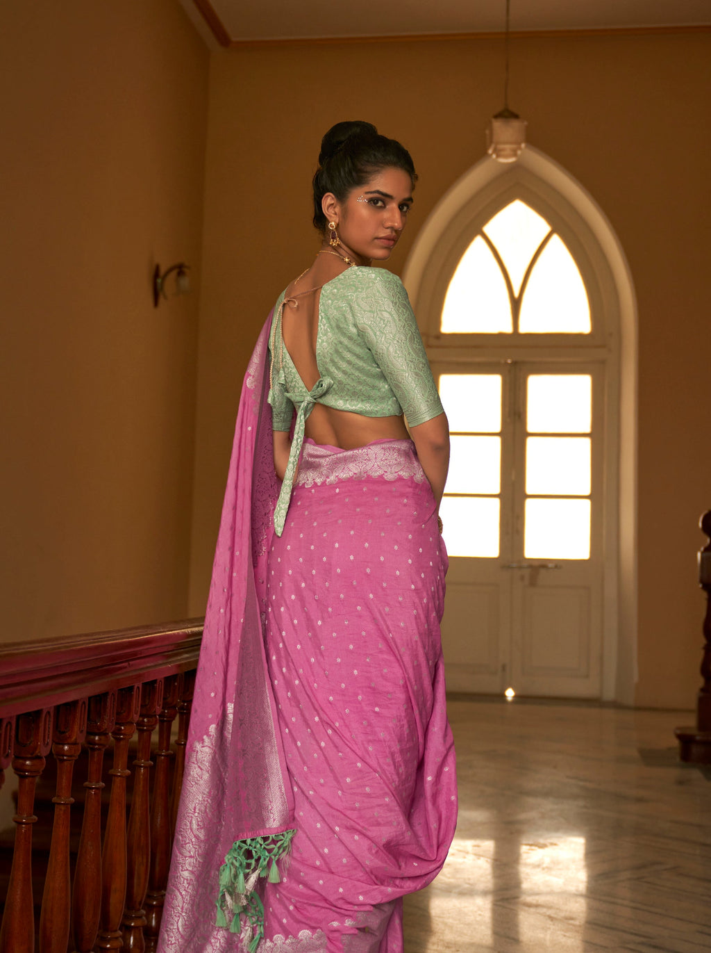 Rose Pink Nylon Silk Saree with Elegant Zari Weaving