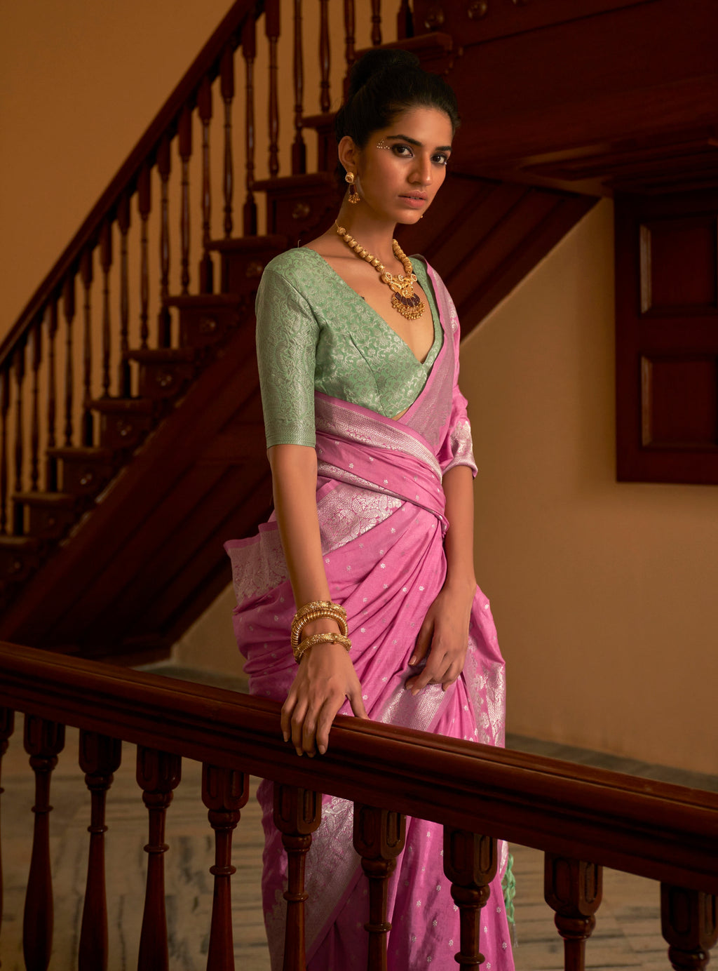 Rose Pink Nylon Silk Saree with Elegant Zari Weaving