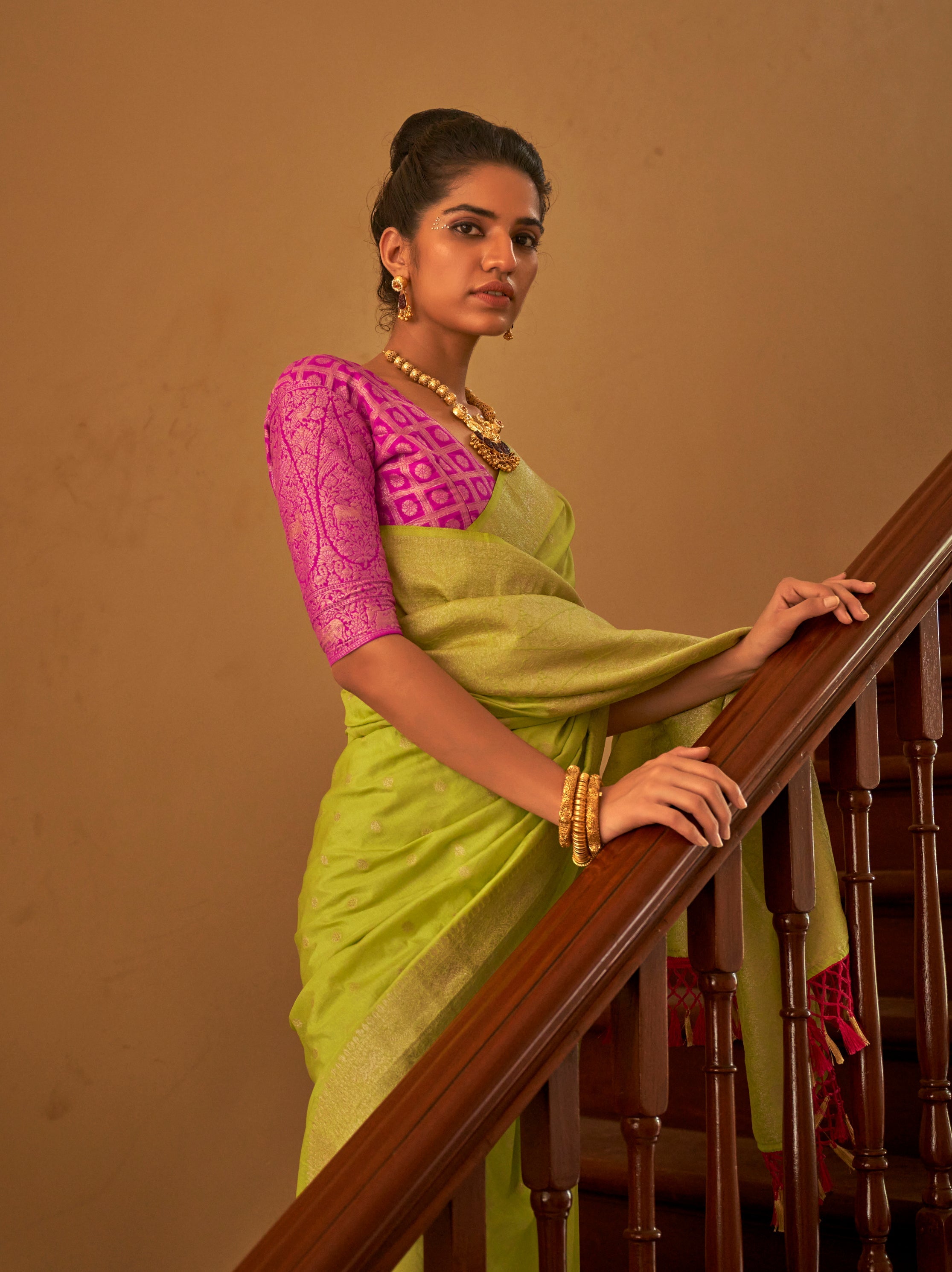 Lime Colour Nylon Silk Saree with Zari Weaving and Matching Blouse