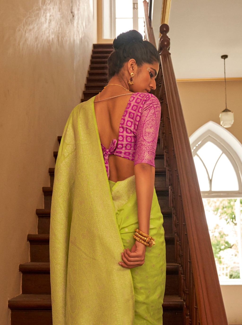 Lime Colour Nylon Silk Saree with Zari Weaving and Matching Blouse