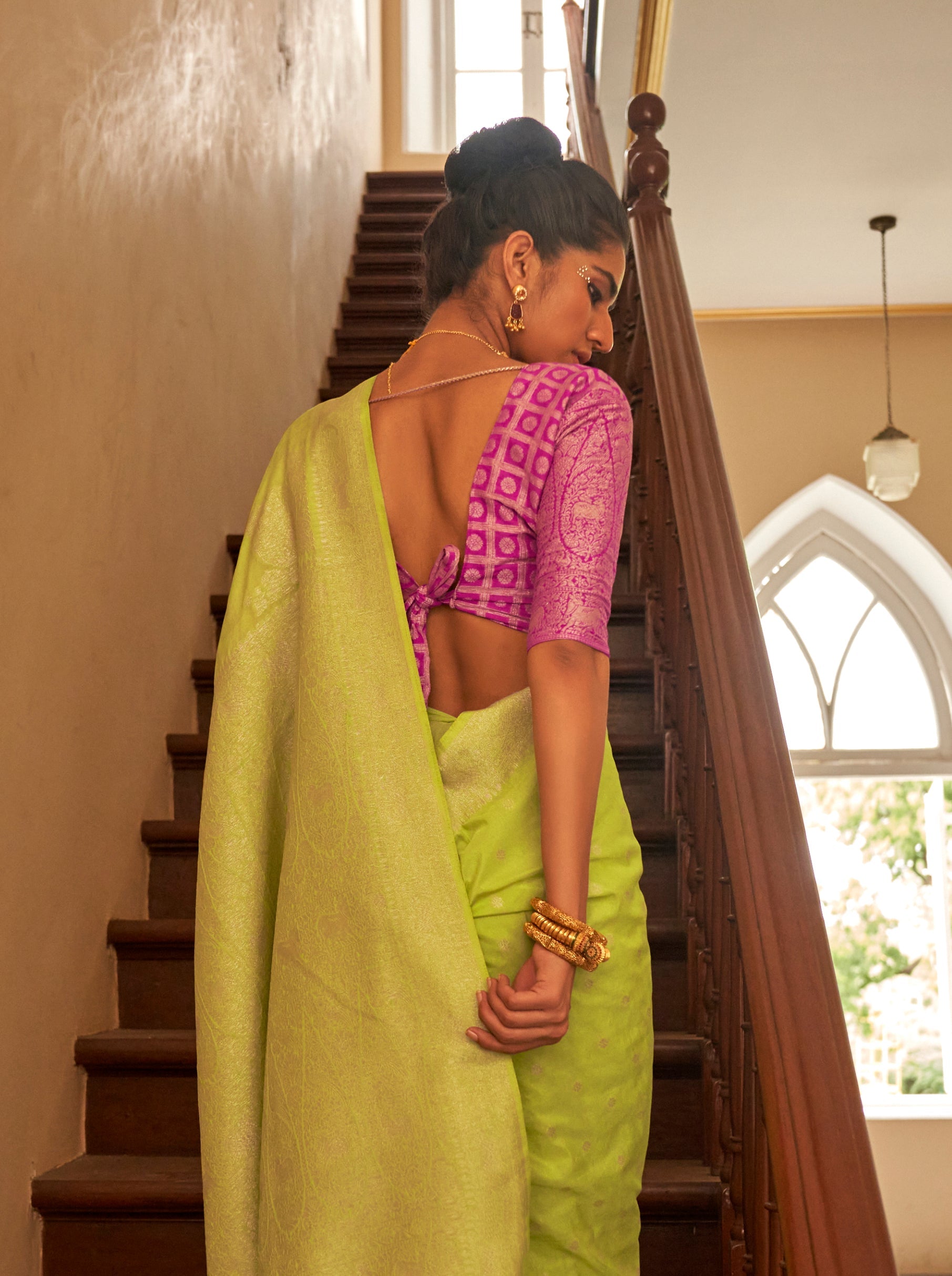 Lime Colour Nylon Silk Saree with Zari Weaving and Matching Blouse