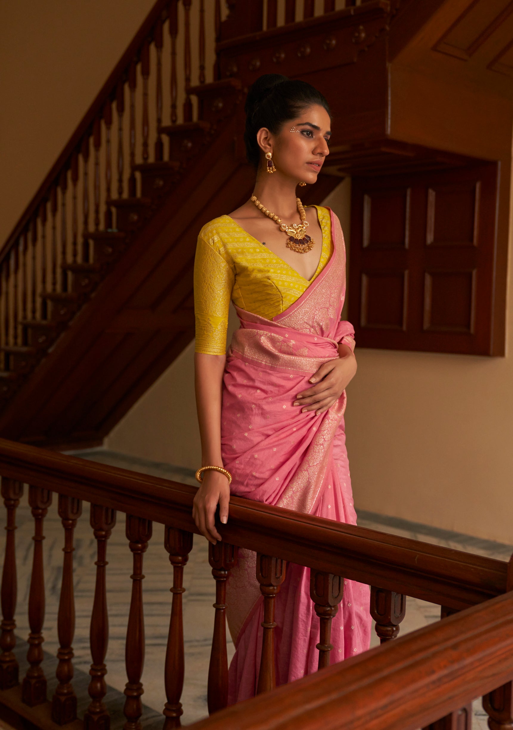 Salmon Nylon Silk Saree with Gold Zari Weaving