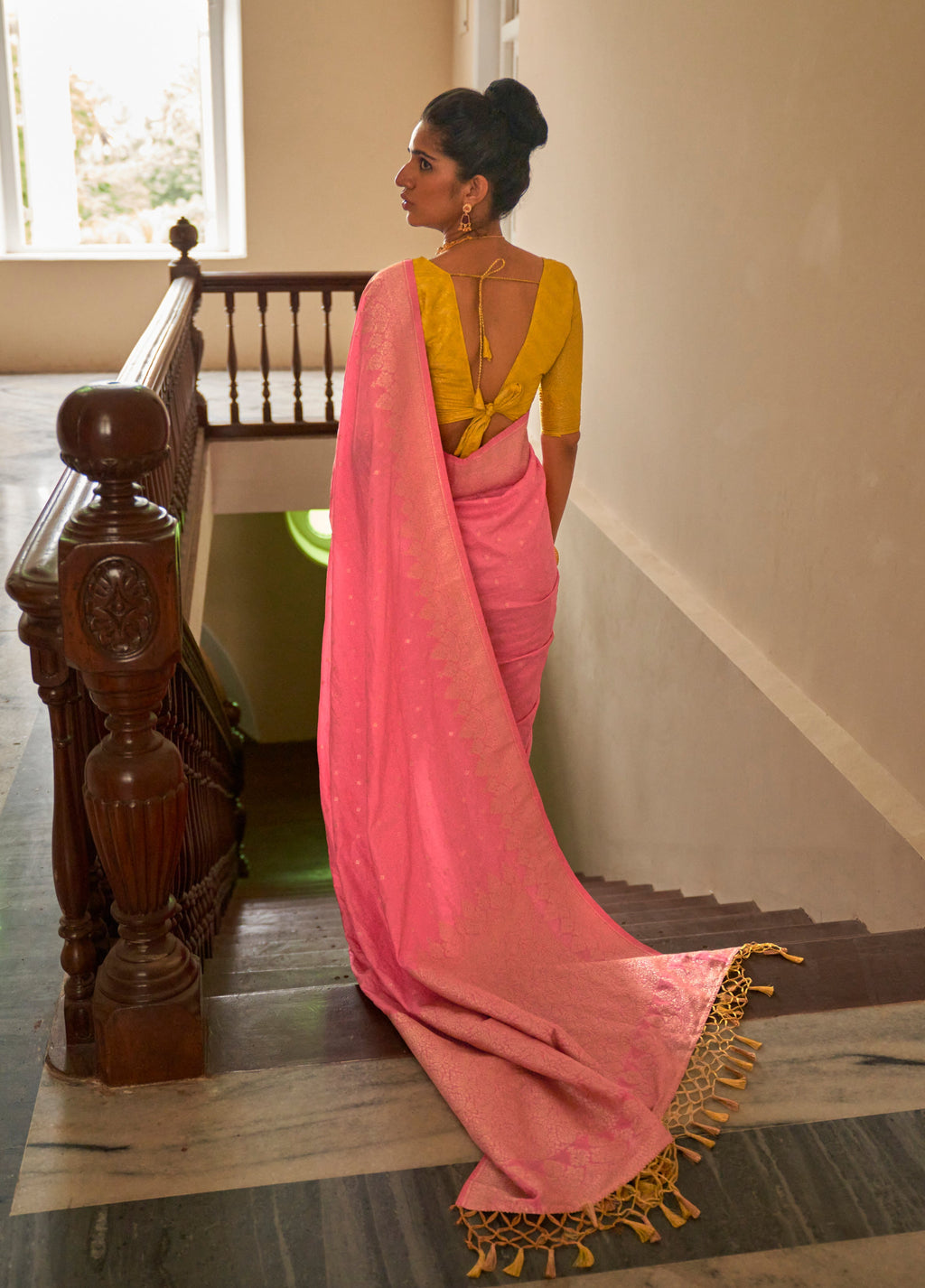 Salmon Nylon Silk Saree with Gold Zari Weaving