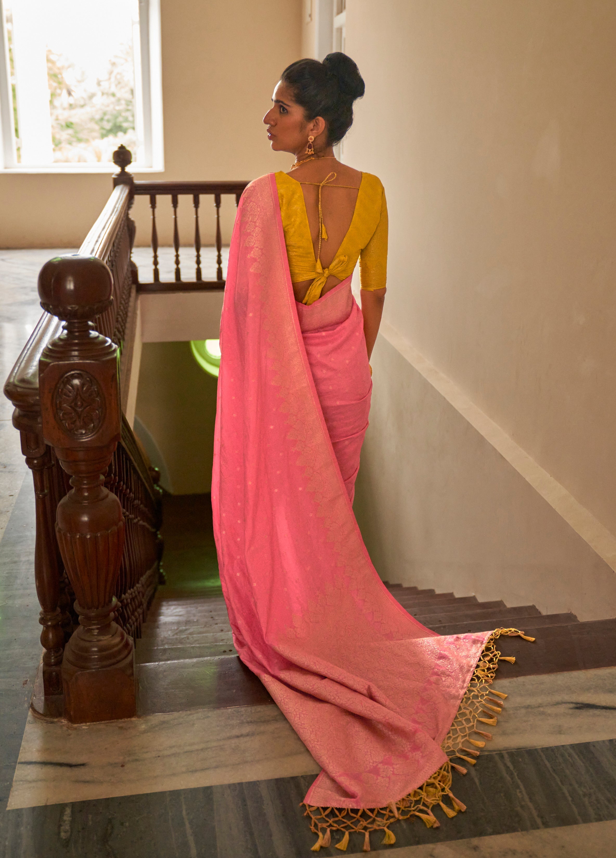 Salmon Nylon Silk Saree with Gold Zari Weaving