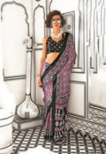 Monjolika Fashion Wine Colour Satin Crepe Printed Lightwear Sarees