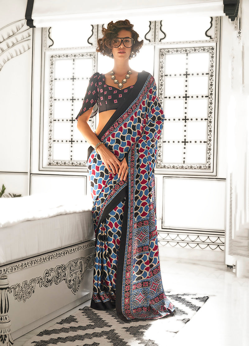 Multi Colour Geometric Satin Crepe Lightwear Saree