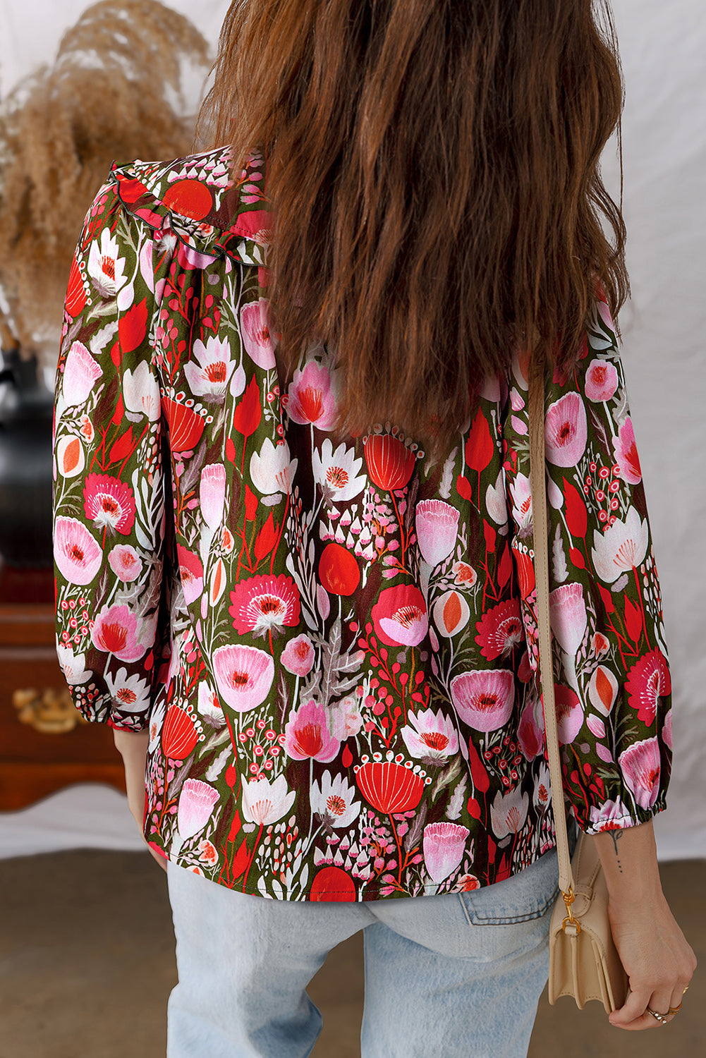 Women's Floral 3/4 Sleeve Lace-Up Neck Blouse