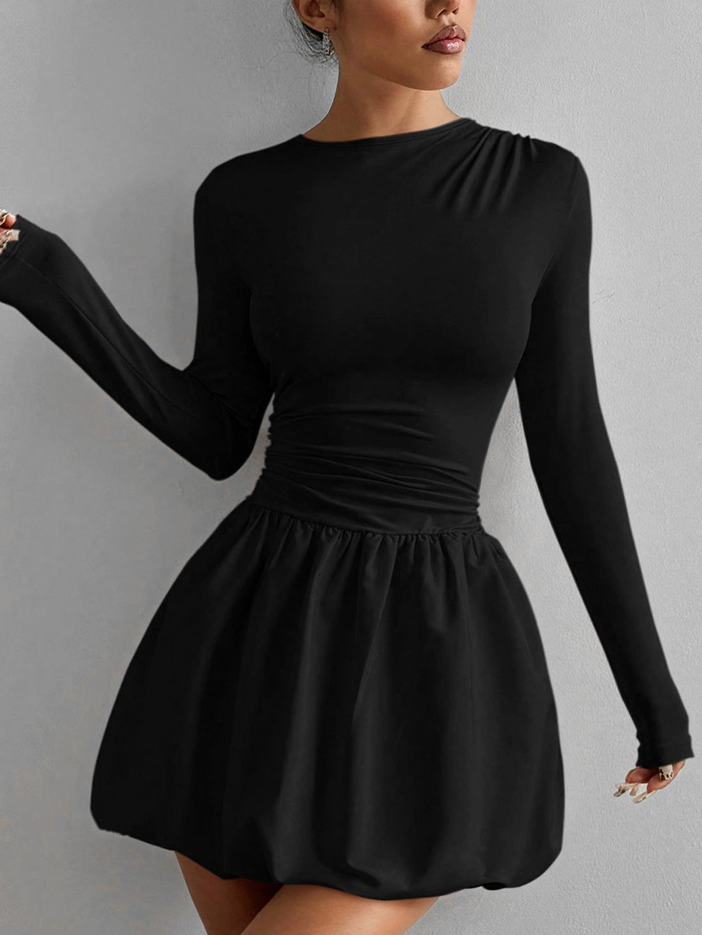 Women's Long Sleeve Mini Dress Solid Color Casual Fit - Image 5
