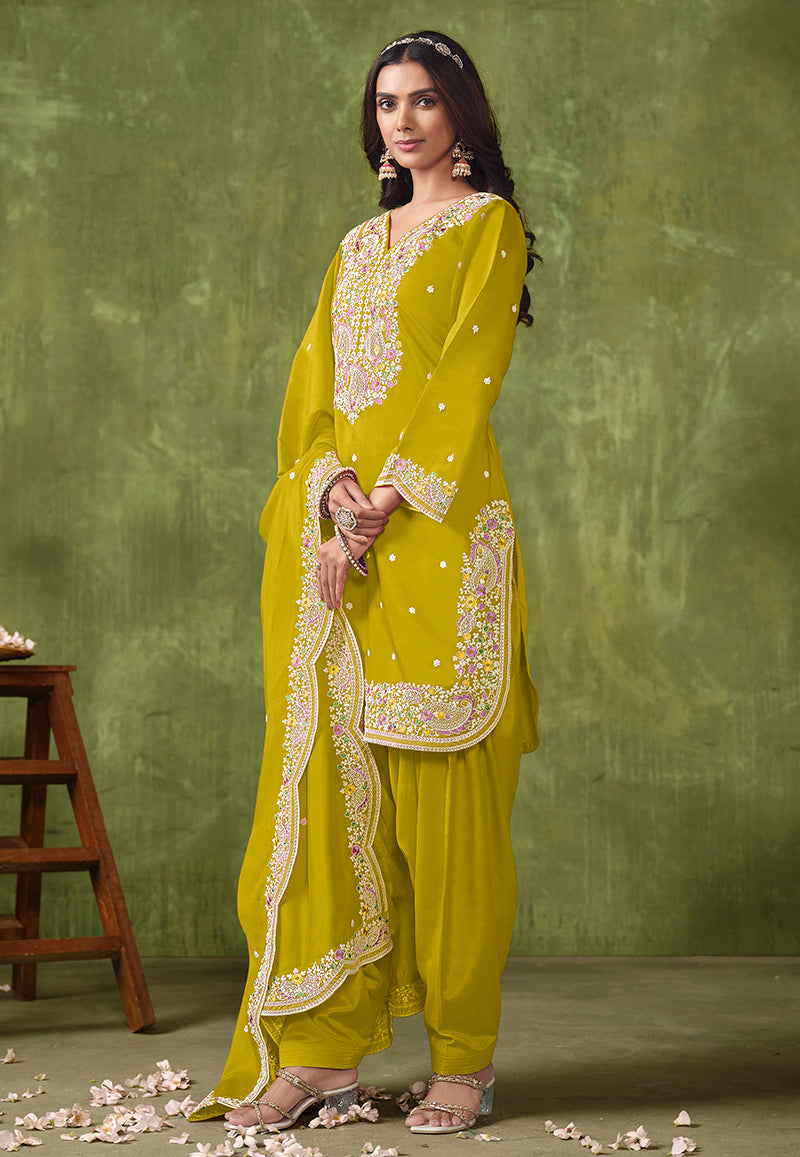 Monjolika Fashion Pear Color Embroidered Santoon Chanderi Silk Salwar Suit