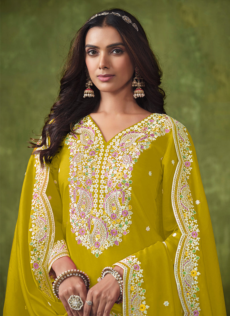 Monjolika Fashion Pear Color Embroidered Santoon Chanderi Silk Salwar Suit