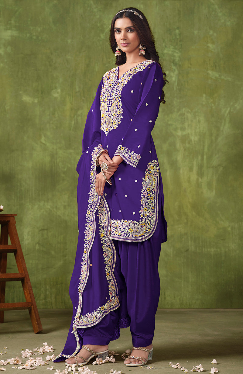 Violet Chanderi Silk Salwar Suit with Floral Embroidery