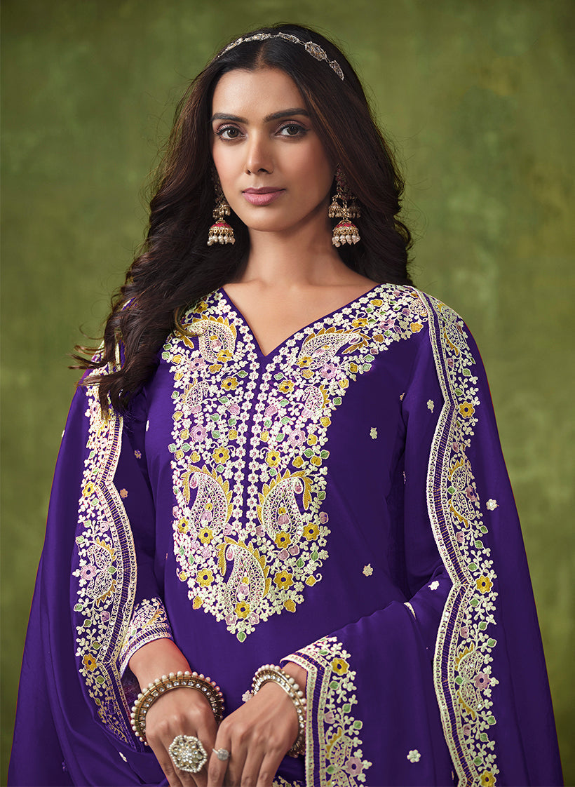 Violet Chanderi Silk Salwar Suit with Floral Embroidery