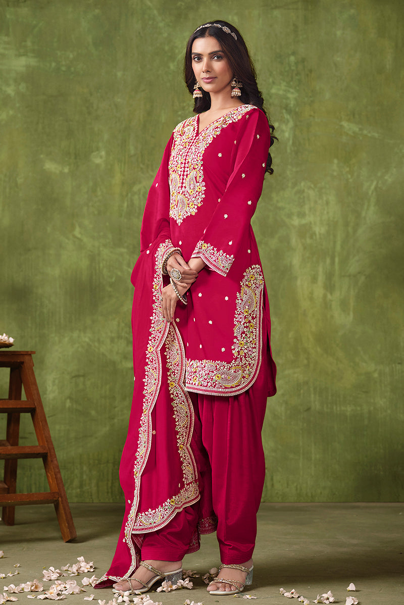 Hot-Pink Chanderi Silk Embroidered Pant Style Salwar Suit