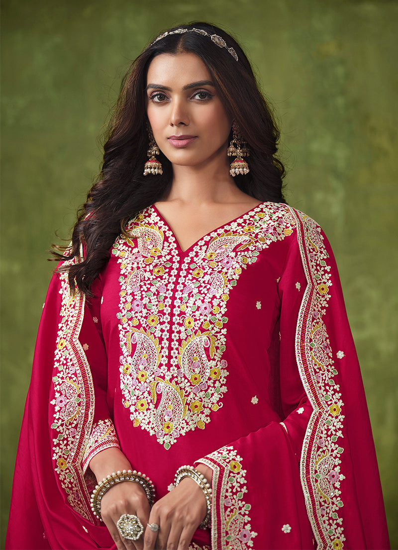 Hot-Pink Chanderi Silk Embroidered Pant Style Salwar Suit