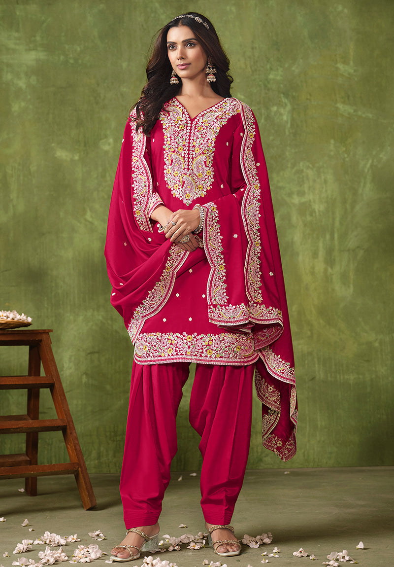 Hot-Pink Chanderi Silk embroidered pant style salwar suit with intricate detailing.