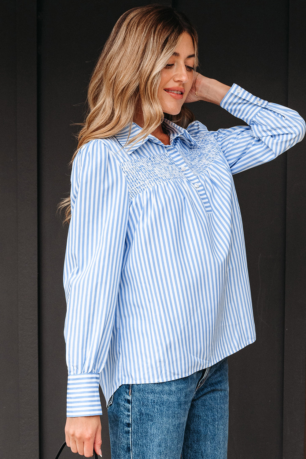 Sky Blue Stripe Shirred Half Placket Collared Long Sleeve Shirt