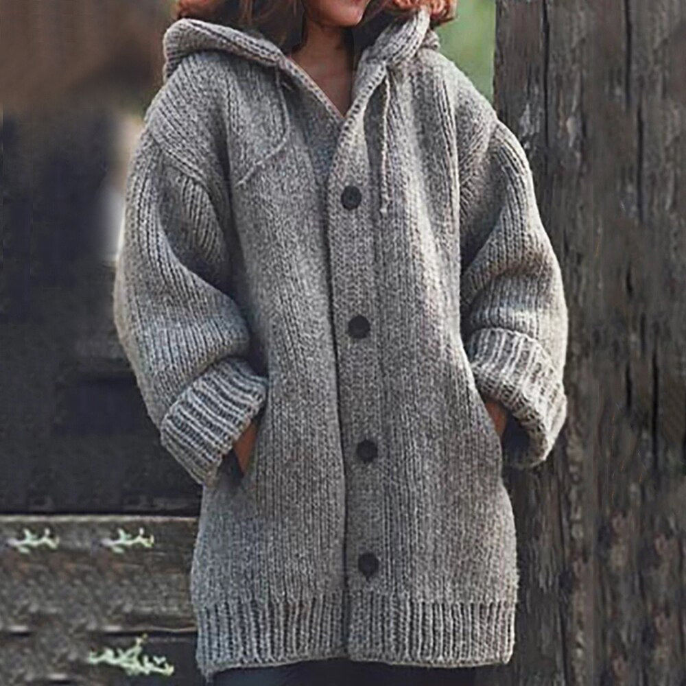 Women's Hooded Knitted Cardigan Cozy Button Up Long Sleeve Sweater - Image 2