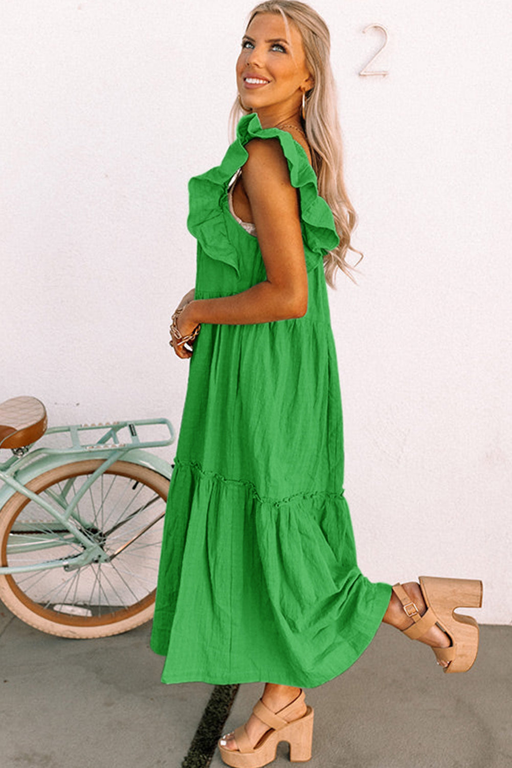 Green Ruffled Flutter Sleeve Square Neck Tiered Maxi Dress