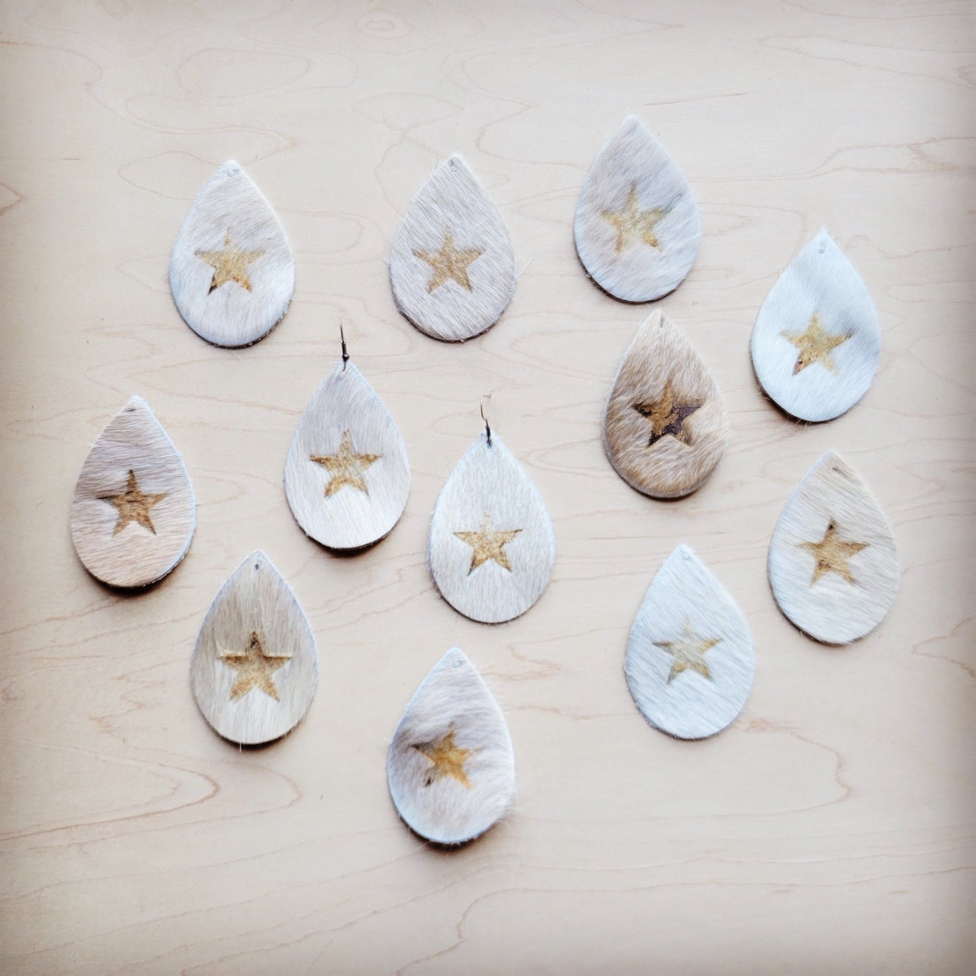 White Hair-on-Hide Leather Key Chain with Gold Star Detail - Image 3