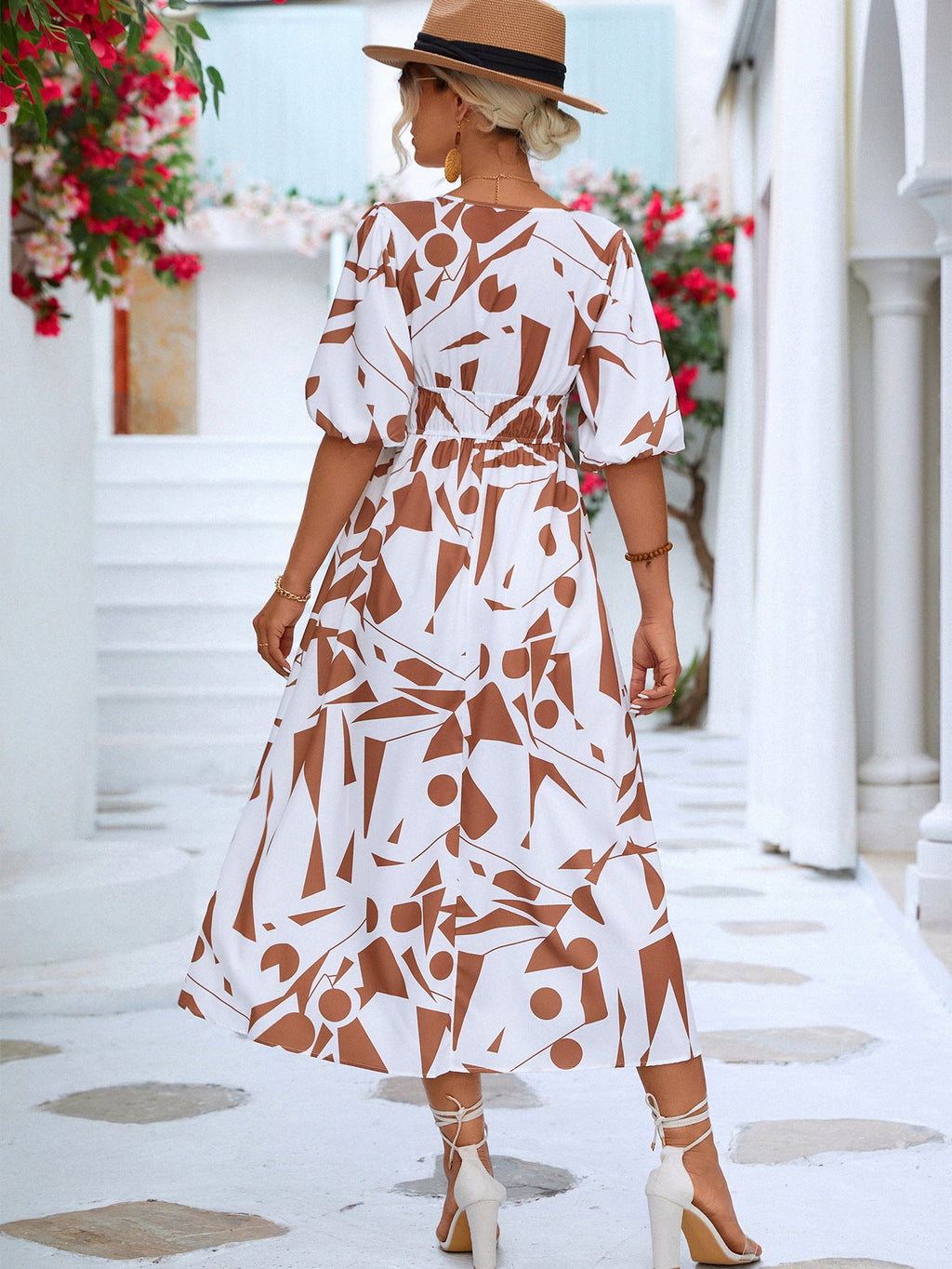 Black & White Printed Balloon Sleeve Mini Dress for Summer
