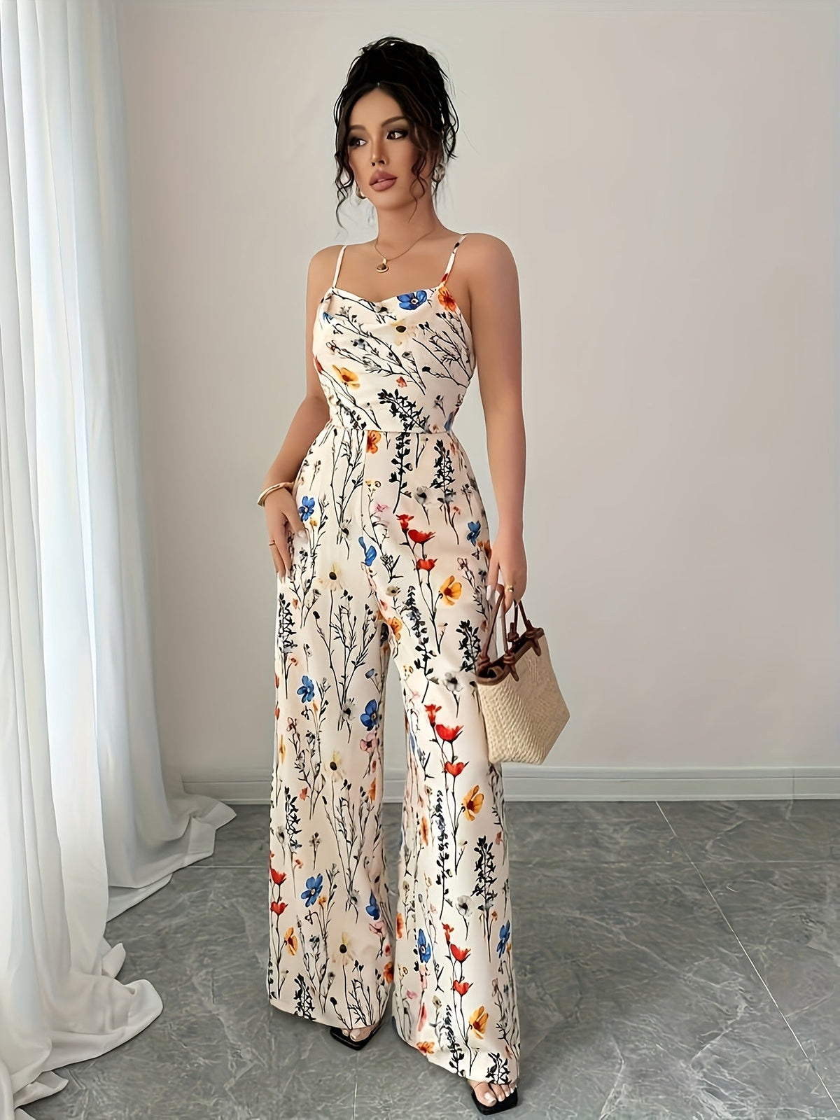 Elegant Floral Plunge Wide Leg Jumpsuit