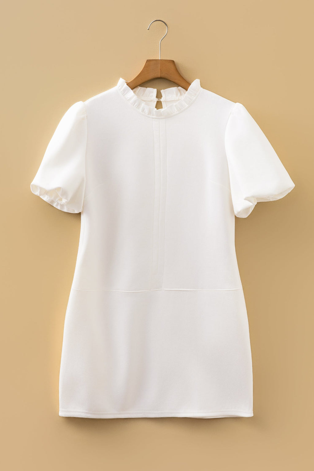 White Mini Shift Dress with Frilled Neck and Puff Sleeves - Image 7