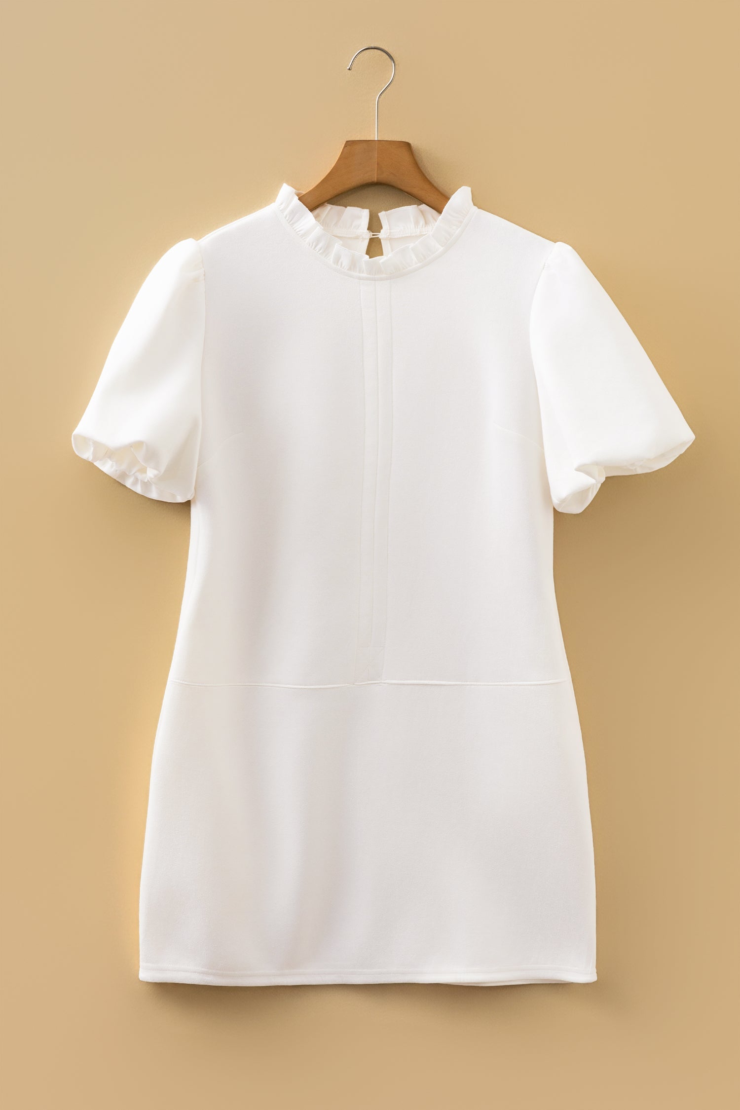 White Mini Shift Dress with Frilled Neck and Puff Sleeves - Image 7