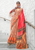 Model wearing a Multi Colour Digital Printed Crepe Silk Saree with vibrant patterns