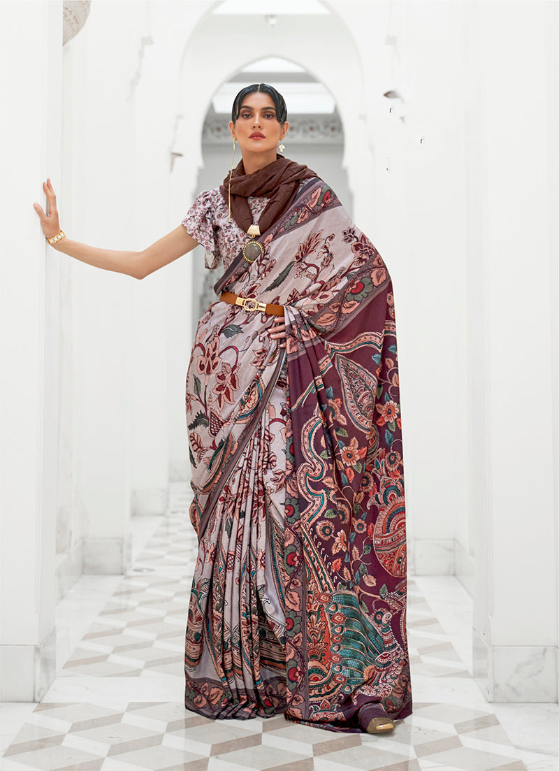 A classic multi-coloured floral digital printed crepe silk saree in shades of grey, maroon, and brown.