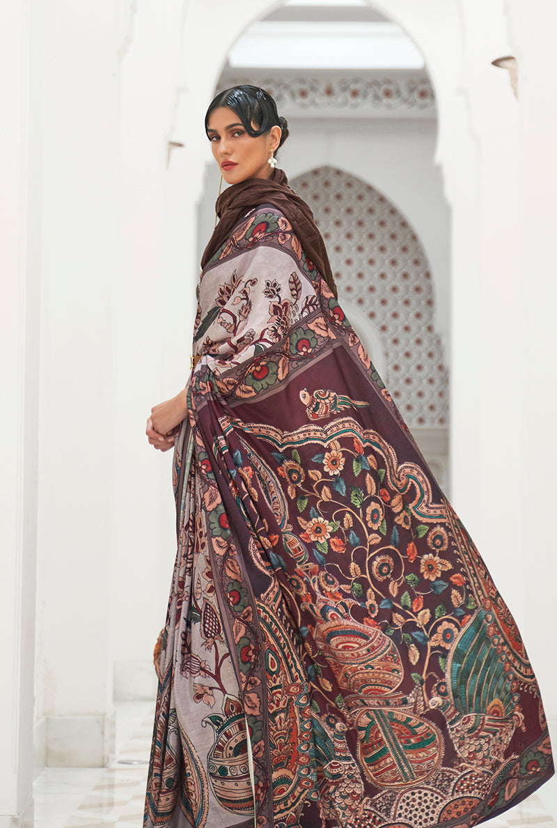 Multi Colour Digital Printed Crepe Silk Saree Floral Ethnic