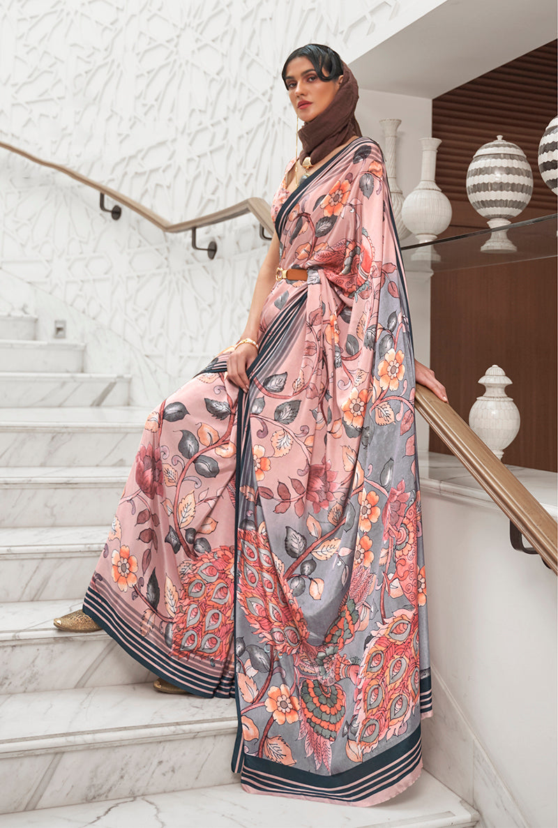 A classic multi-colour floral print crepe silk saree in pink and grey, ideal for formal occasions.