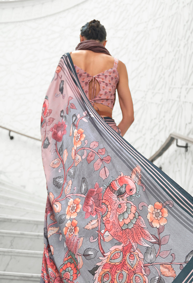 Multi Colour Floral Print Crepe Silk Saree for Formal Events