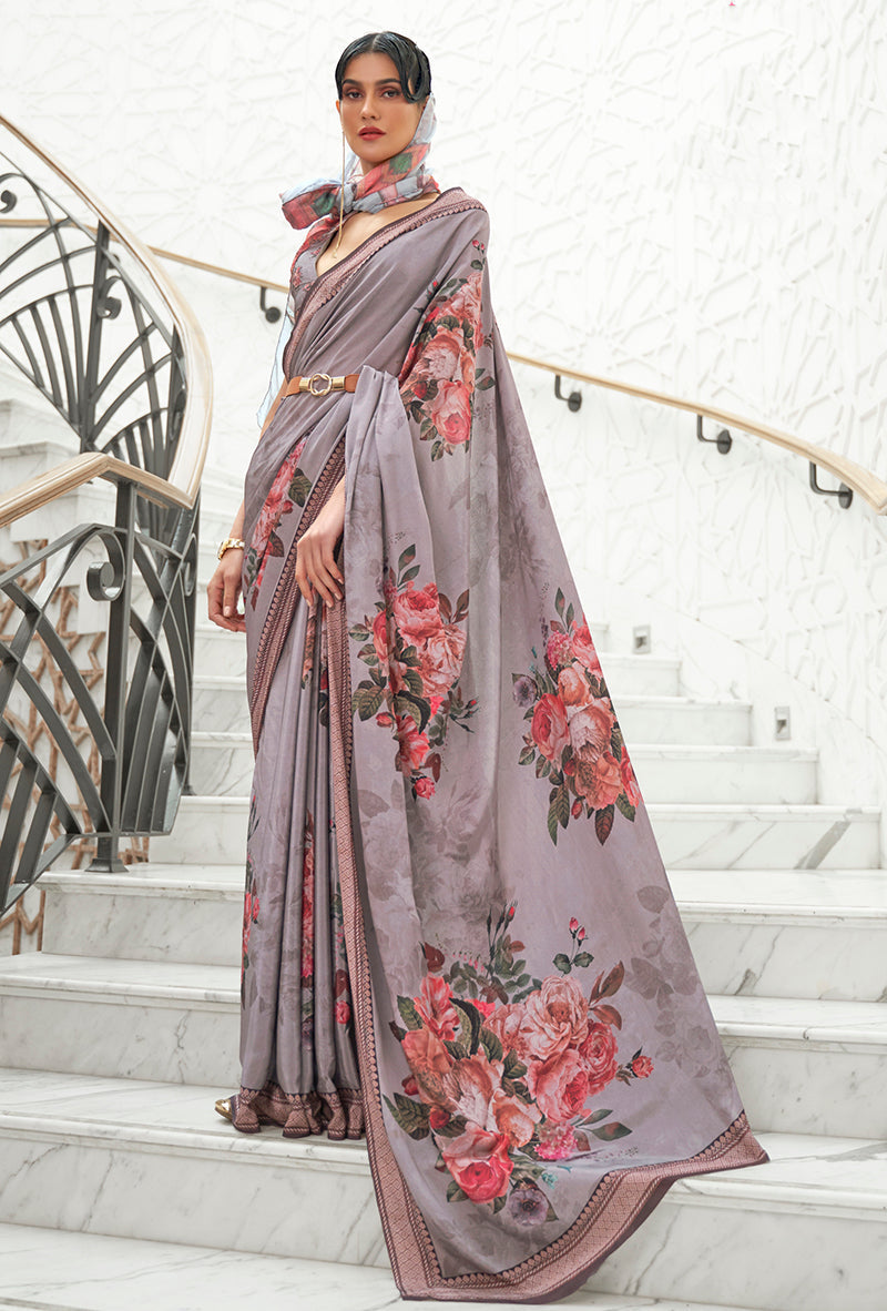 Elegant grey crepe silk saree with intricate digital floral prints