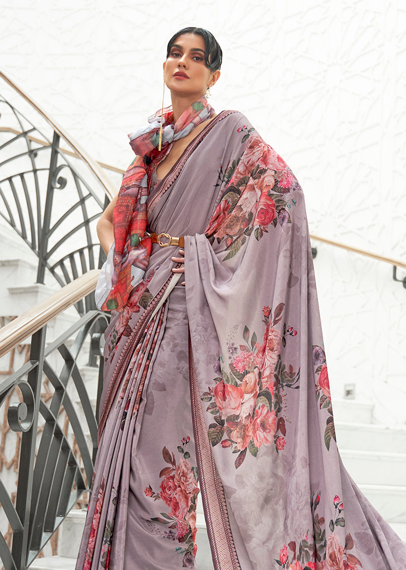 Grey Crepe Silk Saree with Classic Digital Print