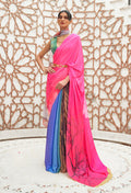 Close up detail of Multi Colour Digital Printed Crepe Silk Saree fabric and patterns